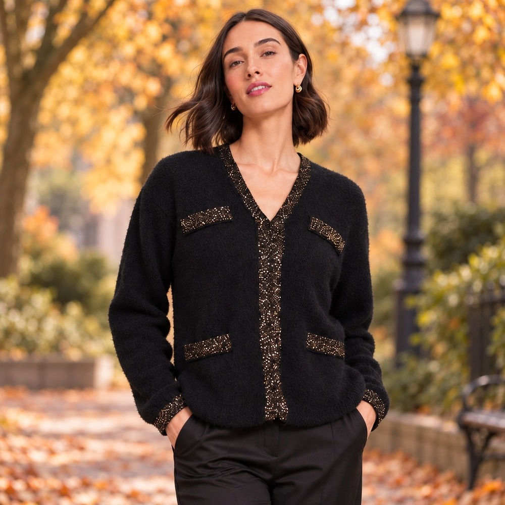 047 Tuckernuck Metallic Trim Open Front Cardigan Sweater (S/NWT)